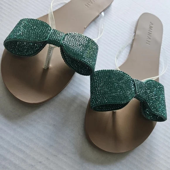 Aminah Green Crystal Bow Flip Flop Sandals - Picture 5 of 11
